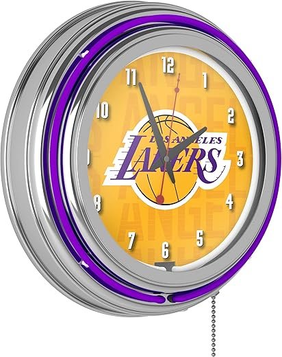 Trademark Global Neon Clock - Retro Los Angeles Lakers City Analog Wall Clock with Pull Chain - for Kitchen, Garage, Game Room, or Home Bar
