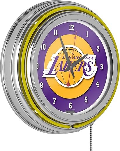 Trademark Global Neon Clock - Retro Los Angeles Lakers Logo Analog Wall Clock with Pull Chain - for Kitchen, Garage, Game Room, or Home Bar