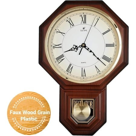 **traditional schoolhouse gradient roman regulator wall clock, chiming wall clocks with pendulum & westminster chime hourly, schoolhouse wall decor battery operated (dark wood grain)