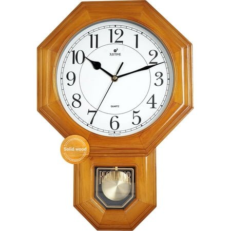 **traditional schoolhouse solid wood pendulum wall clock chimes hourly with westminster melody chime (natural wood w/westminster chime) made in taiwan