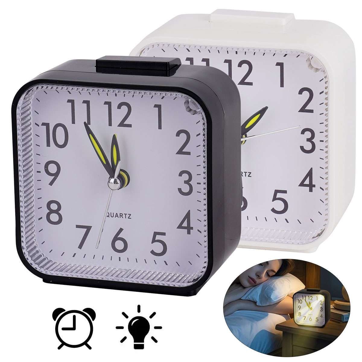 Travel Alarm Clock - Silent Analog, Battery Operated, No Ticking, with Light