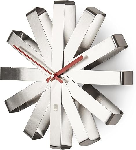 Umbra Ribbon Modern 12-inch Wall Clock, Battery Operated Quartz Movement, Silent Non Ticking Wall Clock, Stainless Steel