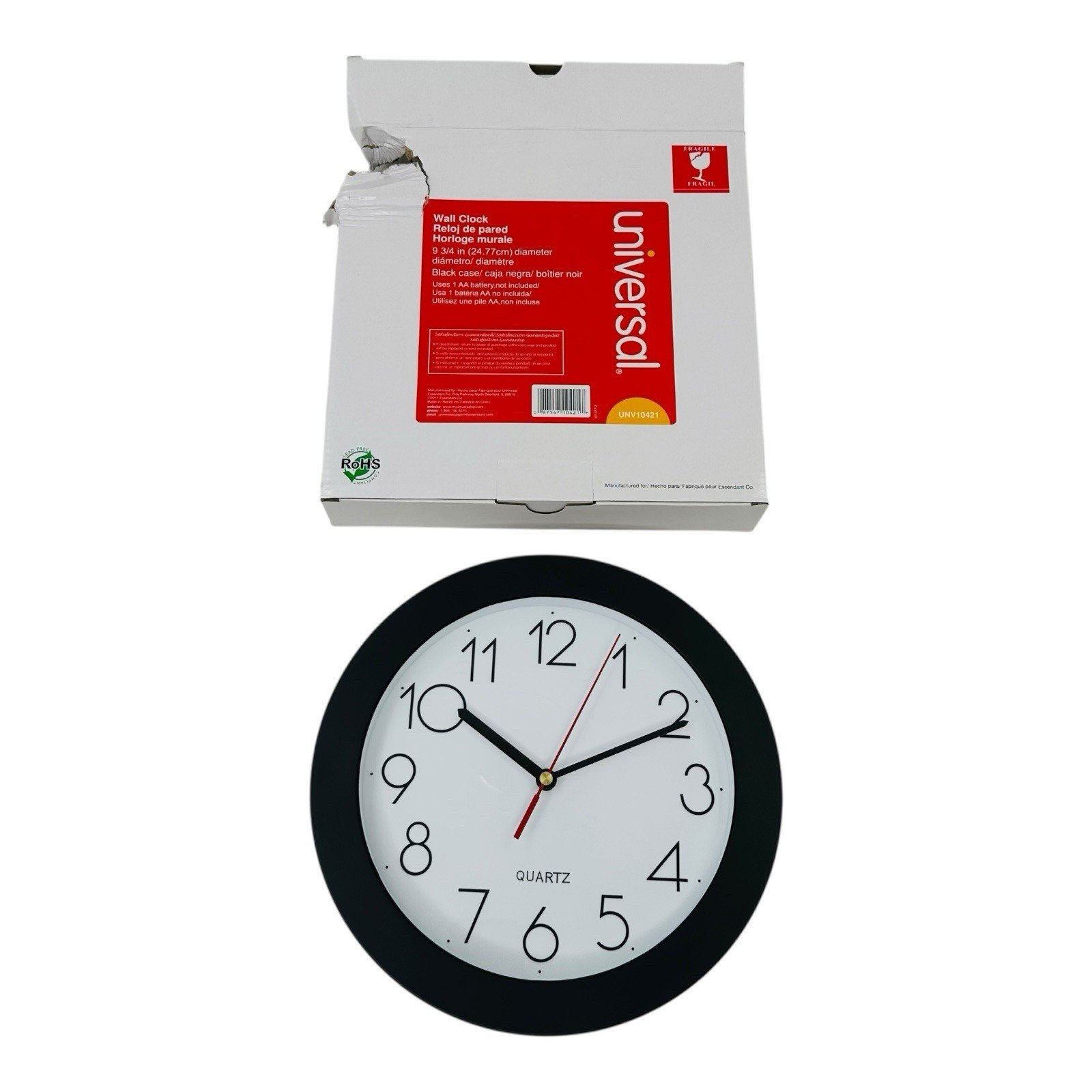 Universal Round Wall Clock 9.75" Overall Diameter Black Case *Distress*