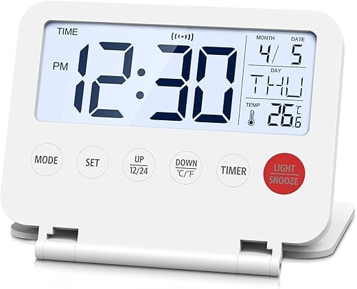 Upgraded Digital Travel Alarm Clock, LCD Display Small Alarm Clock with Temperature, 12/24H, Snooze,Backlight, Countdown Function, Battery Powered Desk Clock for Home, Office, Travel (White)