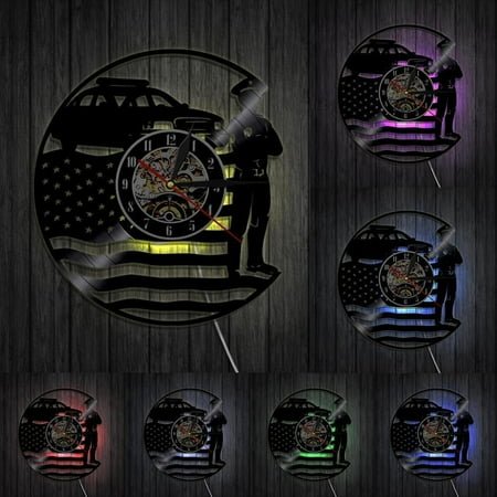 USA Policeman Wall Clock Police Station Wall Decor Vinyl Record Wall Clock USA Cop Retro Wall Art Police Officer Retirement Gift With LED