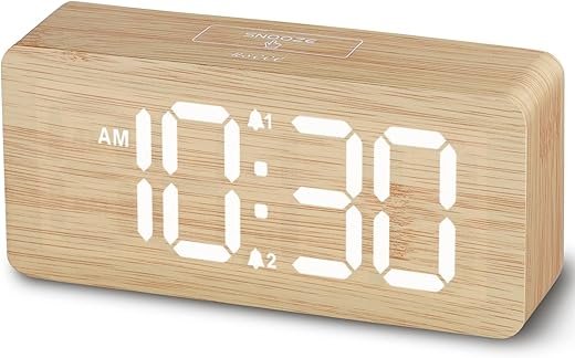 uscce Wooden Digital Alarm Clocks for Bedrooms: Dimmable Dual Alarm Clock with Large Numbers for Bedside Desk - Loud Alarm for Heavy Sleepers with Volume Control - Wood Decor & Gifts