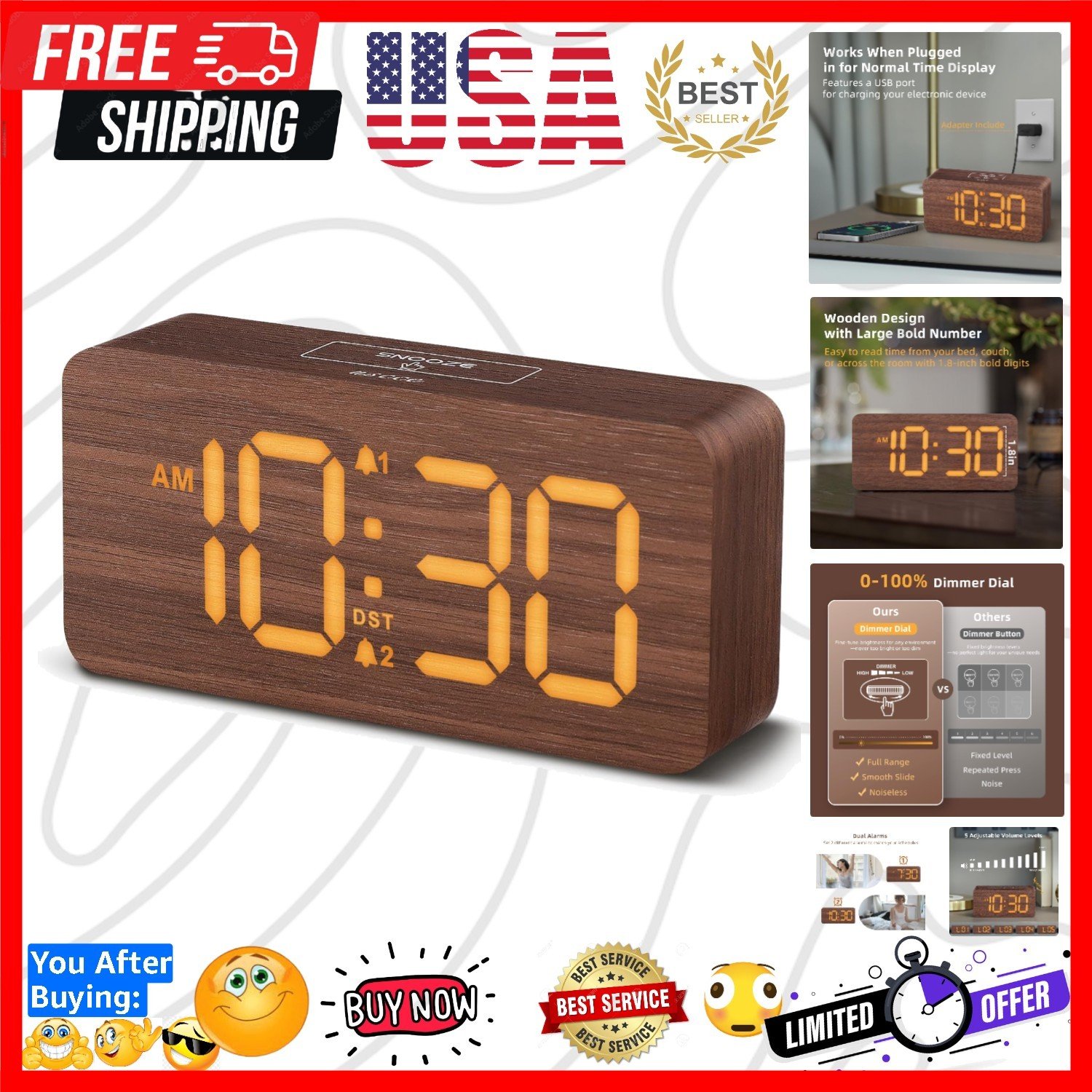 User-Friendly Wooden Digital Alarm Clock: Dual Alarm & Easy Brightness Control