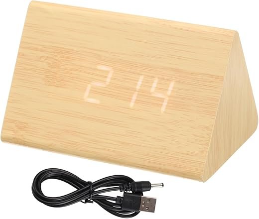 uxcell Wooden Alarm Clock with White Digits, Bamboo Digital Alarm Clocks for Bedrooms with USB Charging Port, Adjustable Volume, Dimmable, Snooze, 12/24H