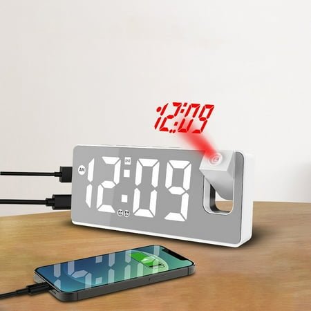 Vadktai Projection Alarm Clock, Digital Clock with 180° Rotatable Projector, 3-Level Brightness Dimmer, Clear LED Display, USB Charger, 12/24H, Digital Alarm Clock for Bedroom