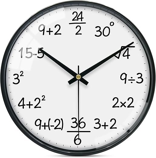 VIKMARI Glass Wall Clock 12 Inch Math Teaching Style Clock White Battery Operated Quartz Silent Non Ticking Wall Clocks for Classroom Bedroom Study Room