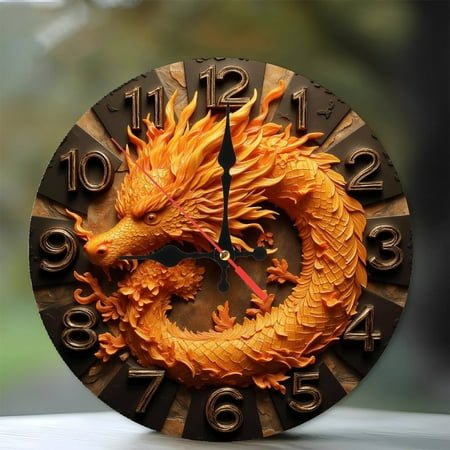 Vintage Asian Dragon Clock Wall Art Decor 10-Inch Silent Wooden Wall Clock, Battery Operated (AA Batteries Not Included), Artistic Home Decor