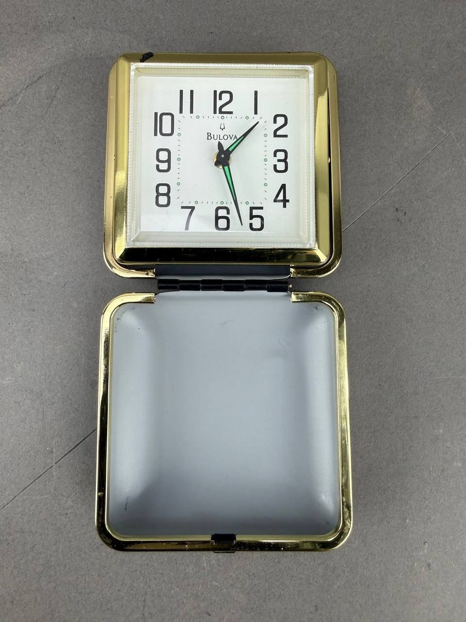 Vintage Bulova Key Wind Travel Alarm Clock Black Case With Gold Trim