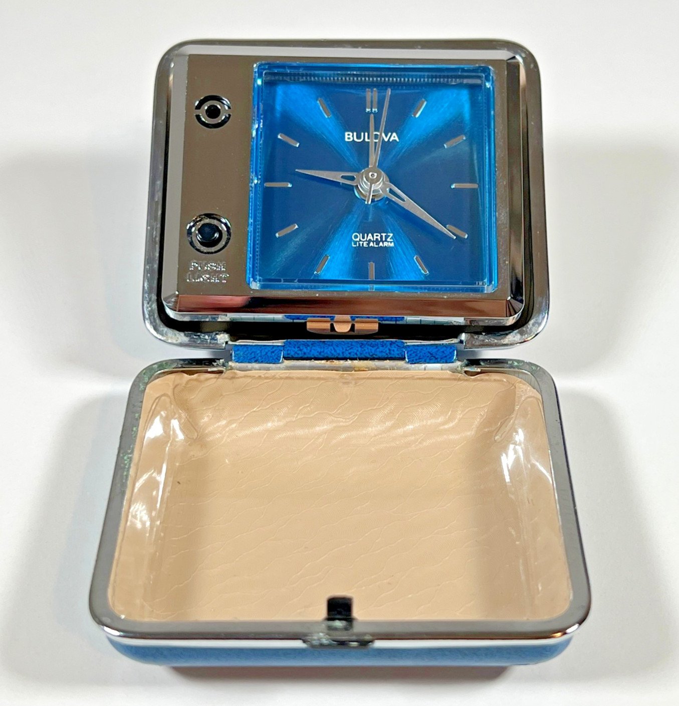 Vintage Bulova Travel Alarm Clock Blue Quartz Lite Case Japan Tested & Working