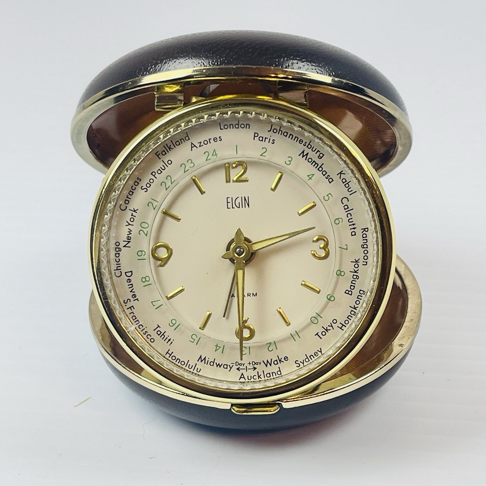 Vintage Elgin World Time Travel Alarm Clock Round Clam Shell Japan WORKS