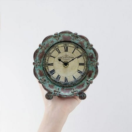 Vintage French Decorative Pewter Desk Clock, Battery Operated Green Table Top Clock for Living Room Shelf