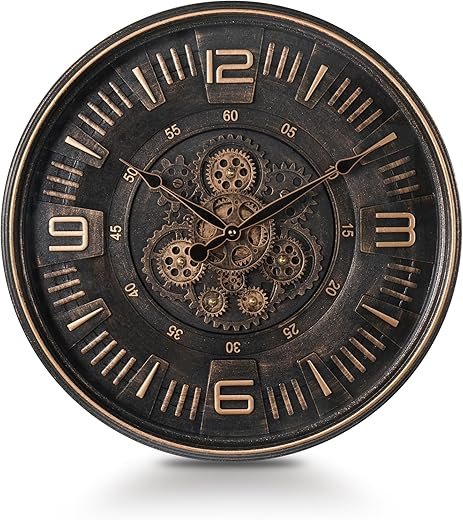 Vintage Large Wall Clock with Moving Gears, 20 Inches Industrial Retro Steampunk Decorative Wall Clock with Moving Cogs for Living Room Home Office Farmhouse Fireplace Decor