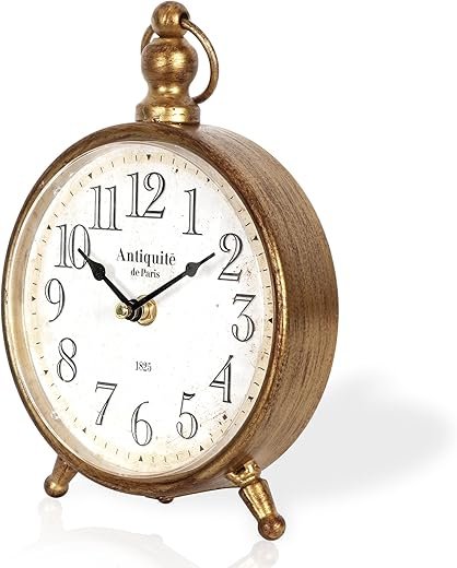Vintage Metal Desk Clock,Retro Desk and Shelf Clock,Antique Gold Decorative Mantel Table Clock for Living Room,Shelf Decoration,Desktop,Farmhouse(Antique Gold:16.4x22.8cm)
