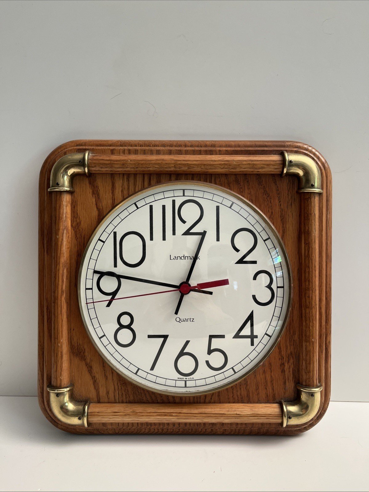 Vintage Solid Oak Wood & Brass Wall Clock Landmark made in USA Excellent!