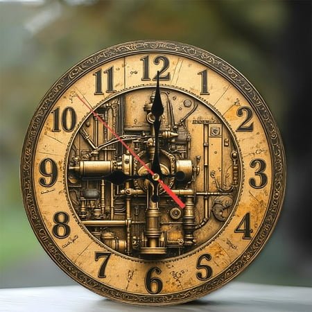 Vintage Steampunk Clock Wall Decor Brass Gear 10-Inch Silent Wooden Wall Clock, Battery Operated (AA Batteries Not Included), Artistic Home Decor