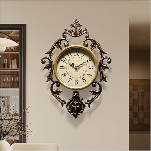 Vintage Wall Clock, Antique Decor, Battery Operated,Non Ticking European Style Metal Wall Clock, Decorative Retro,Bedroom/Living Room/Kitchen 26" x 19"