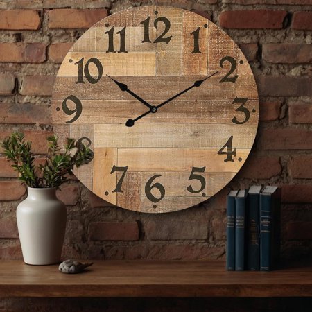 Vintage Wood Clock for Bedroom Home Country Office School & Non-Ticking Retro Wall Clock with Big Numbers for Living Room & 24 Inch Silent Large Wall Clock Battery Operated for Farmhouse Kitchen