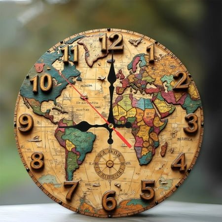 Vintage World Map Clock Antique Wooden Wall Clock 10-Inch Silent Wooden Wall Clock, Battery Operated (AA Batteries Not Included), Artistic Home Decor