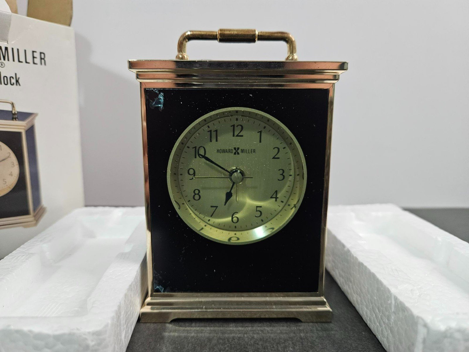 Vtg. Howard Miller Table Top Clock with Alarm-Black Lacquer & Brass NIB