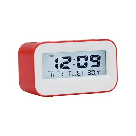 Wadada Small Digital Alarm Clock for Bedrooms Bedside, Alarm Clock for Bedroom with Smart Night Light, Indoor Temperature, Large LED Display, Battery Operated Desk Clock for Kids Birthday(Red)