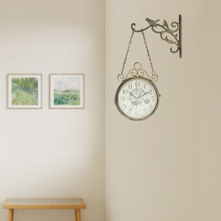 Wall-Mounted Double-Sided Clock – Vintage Bronze, 45x32cm Size, Iron+Glass – Indoor Use
