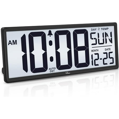 WallarGe Backlight Digital Wall Clock Battery Operated - with Temperature and Date 14.5'' Large Digital Wall Clock, Easy to Read and Set, Auto DST