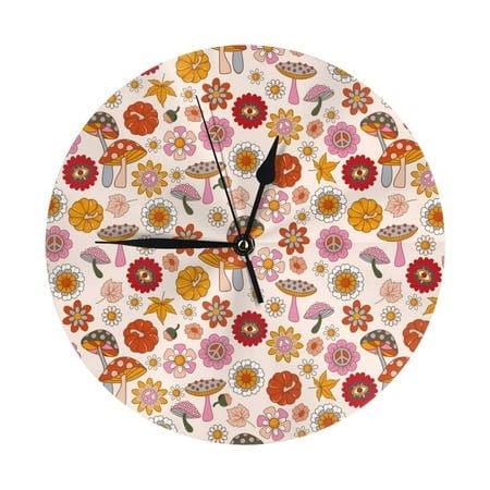 Wall Clock - Fall 70s Groovy Hippie 9.8 Inch Silent Non Ticking Modern Round Wall Clocks Battery Operated Classic Clock for Bedroom, Living Room, Office, Home, Kitchen, Bathroom