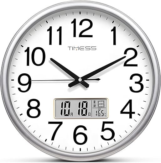 Wall Clock, 11 Inch Non-Ticking Silent Battery Operated Quartz Analog with LCD Display for Perpetual Calendar and F° Temperature, Ideal Modern Home, Bedroom, Kitchen, Office Décor (Sliver)