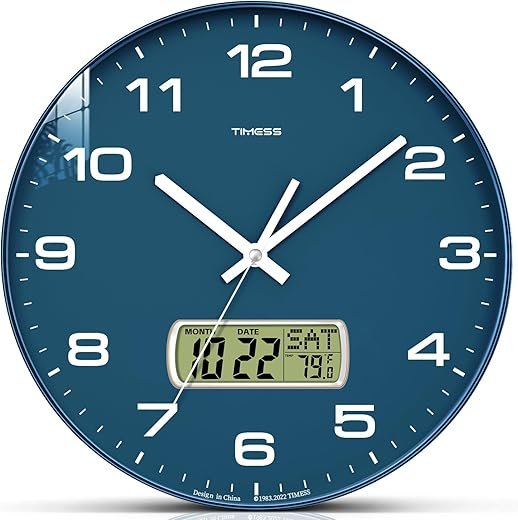 Wall Clock, 12" Dial Non-Ticking Silent Battery Operated Analog with LCD Display for Perpetual Calendar and F° Temperature, Ideal Modern Home, Bedroom, Kitchen, Office Decor (Blue)