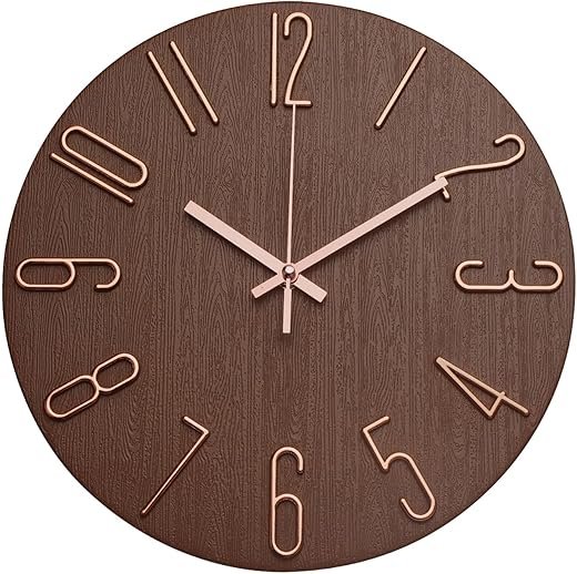 Wall Clock 12 Inch Silent Non-Ticking Imitation Wood Indoor Clock Round Brown Decor Clock Modern 3D Figures Quartz Wall Clocks for Home, Hotel, Office, School