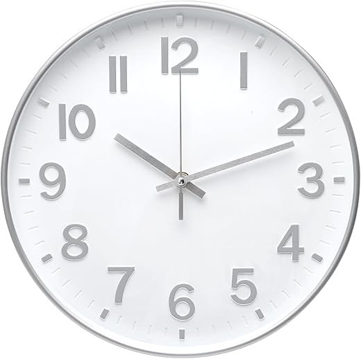 Wall Clock 12 Inch White-Silver Modern Simple Quartz Decorative Clock Non-Ticking Silent Battery Operated Round Wall Clocks for Living Room Bedroom Kitchen Office Classroom