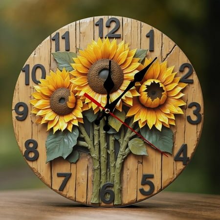 Wall Clock Decorative - Rustic Yellow Sunflower-A Print 2D Vintage Wall Clocks Battery Operated Silent Non-Ticking for Bedroom, Living Room, Kitchen, Office, Classroom, 10 Inch