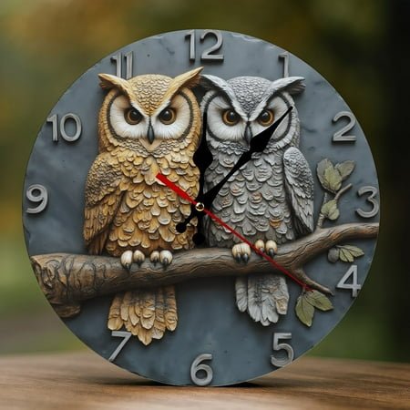Wall Clock Decorative - Twin Owls on Branch Print 2D Vintage Wall Clocks Battery Operated Silent Non-Ticking for Bedroom, Living Room, Kitchen, Office, Classroom, 10 Inch