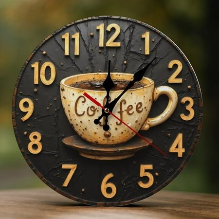 Wall Clock Decorative - Vintage Coffee Cup A Print 2D Vintage Wall Clocks Battery Operated Silent Non-Ticking for Bedroom, Living Room, Kitchen, Office, Classroom, 10 Inch