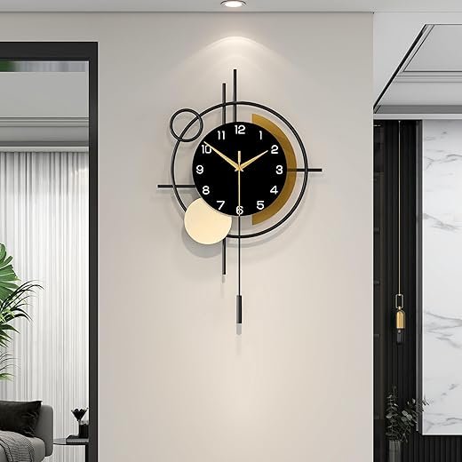 Wall Clock for Living Room Decor Decorative Wall Clock with Pendulum Silent Quartz Battery Operated Black Metal Large Clock for Dining Room,Kitchen,Home,Bathroom,Bedroom,13.8x21.3 in