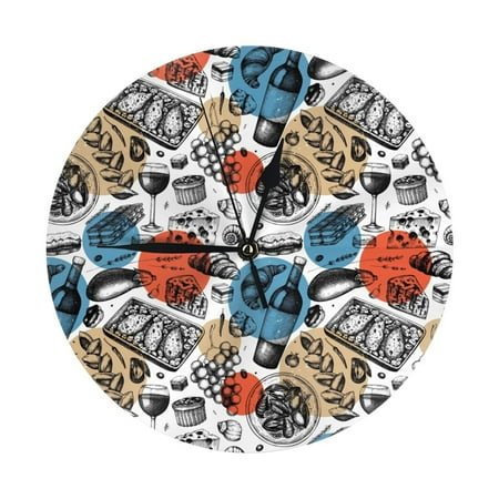 Wall Clock, French Food Wall Clocks Battery Operated Silent Kitchen Office Wall Clock Decorative, Wall Clock for School Classroom Living Room Bedroom Home Decor