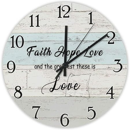 Wall Clock Non-Ticking Silent Wall Words Faith Hope Love Saying Wooden 15 in Decorative Circle Wall Clock for Restaurant Office School Home