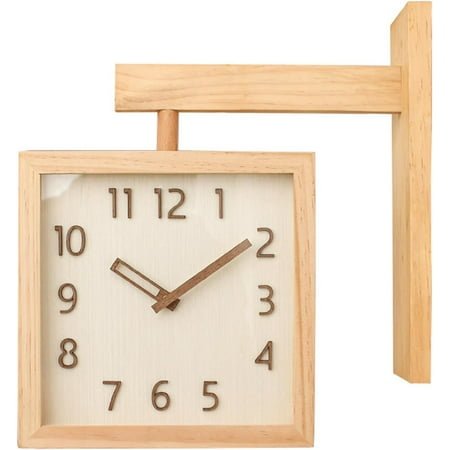 Wall Clock, Simple Silent Wall Clock, Square Double Sided Clock Wooden Decorative Corner Clock for Living Room Household (Wood Color)