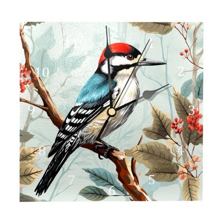 Wall Clocks, Woodpecker Bird on Red Berries Branch Battery Operated Number Clock for Bedroom Living Kitchen Office Home Decor Silent & Non-Ticking