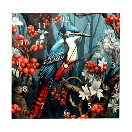 Wall Clocks, Woodpecker Bird on Red Berries Branch Battery Operated Number Clock for Bedroom Living Kitchen Office Home Decor Silent & Non-Ticking
