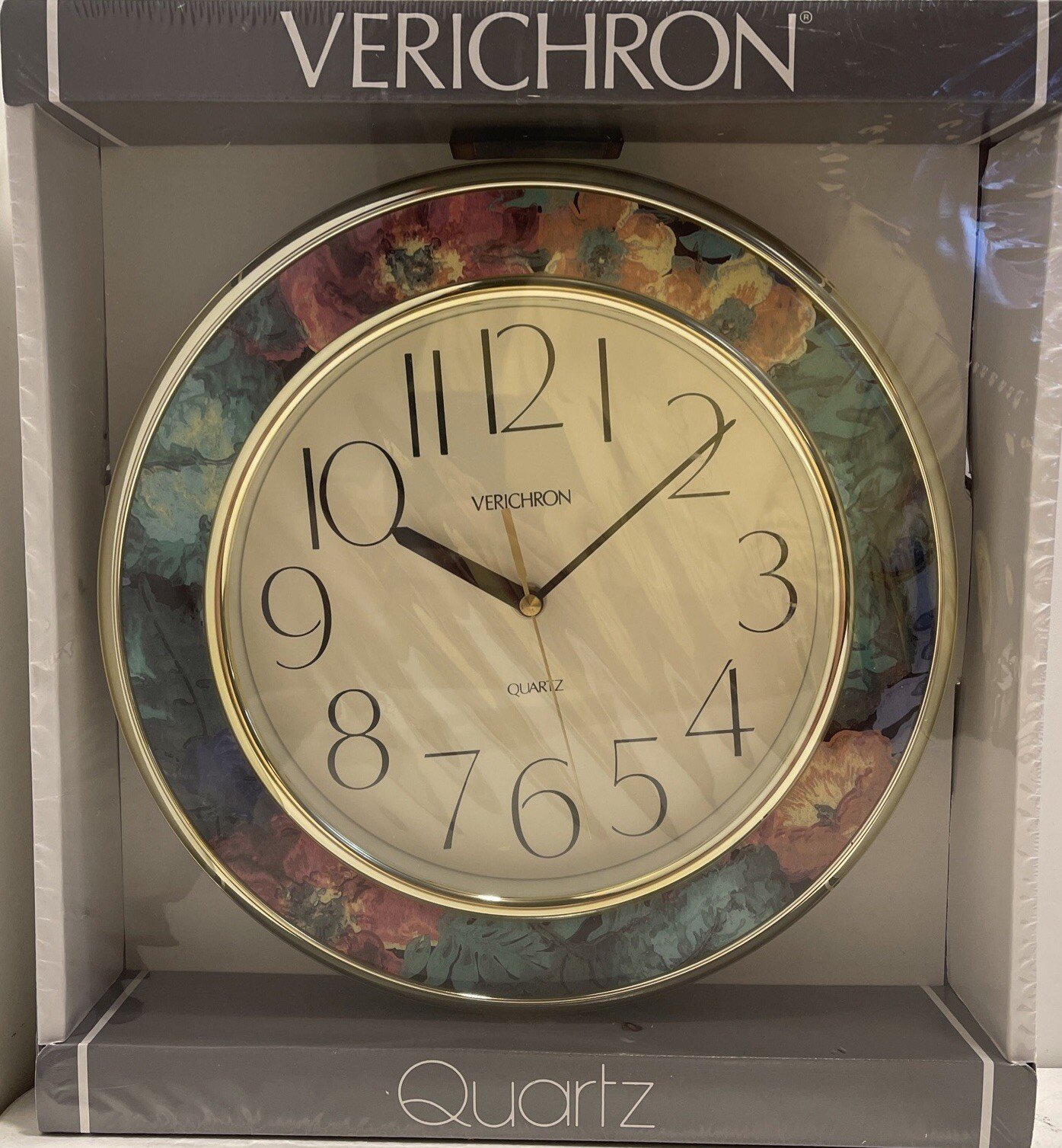 Wall Clock Verichron Blue Green Floral Gold Trim Model 700863 Serena Vintage 80s