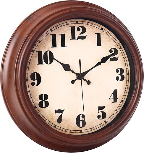 Wall Clock Wood Grain Retro Design,12 Inch Vintage Wall Clocks Battery Operated Silent Non-Ticking for Kitchen,Living Room,Bedroom,Office Decor - Brown