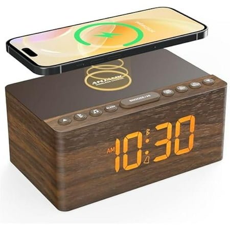 WEEKS Wooden White Noise Sound Machine with Alarm Clock, Bluetooth Speaker, Wireless Charger Station for iPhone/Samsung, 0-100% Dimmer, Sleep Timer, 20 Soothing Sounds for Adults Sleeping, Bedroom