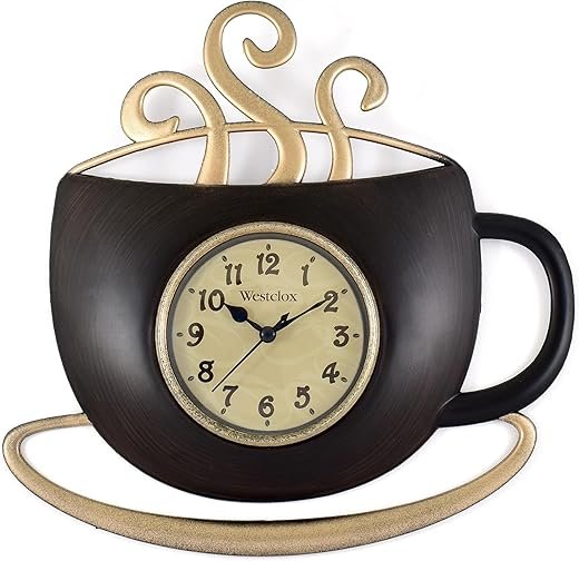 Westclox 10-Inch Cappuccino Wall Clock - Stylish Coffee Cup Design with Quartz Movement, Large Modern Kitchen Clock, Easy to Read, Home and Office Decor, Battery Operated, Black/Gold