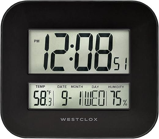 Westclox Black Large Digital Wall Clock, 11x9 Display for Home & Office - Modern Style with Date, Temperature, Humidity, Battery Powered