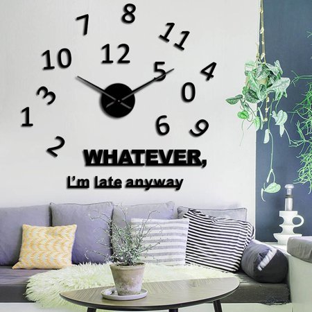 Whatever I'm Late Anyway Inspirational Quote Wall Art Large Numbers DIY Wall Clocks Living Room Wall Watch Procrastinators Gifts(Black,27inch)